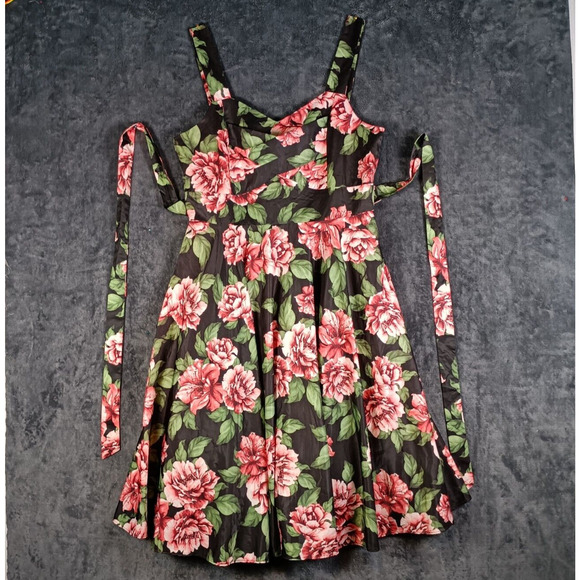 Stella Morgan Dress Size 8 Black Pink Rose Floral Fit Flare Party Cocktail - Picture 1 of 9